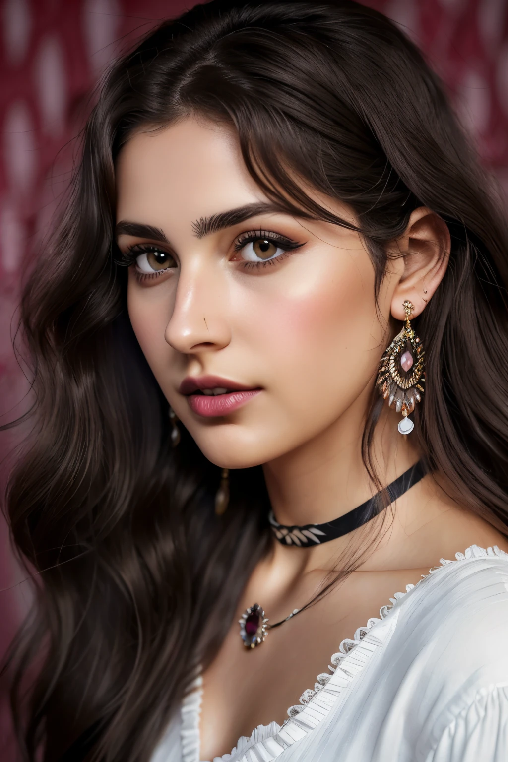 Wavy brown hair, (RAW photo, realism: 1.8), (very dark lip gloss, jet black lipstick, many eyelashes, dark black eye shadow, shy, blushing, high quality, high resolution, depth of field, chromatic aberration, caustic, wide light, natural colors, 30 year old woman), necklaces, chokers, earrings, bracelets, wear many accessories, wearing traditional Pakistani clothes, white color dress, soft skin, white skin, slim nose, beautiful eyes, The Casual Hip Stance poses, 8k results, high resolution, realistic,