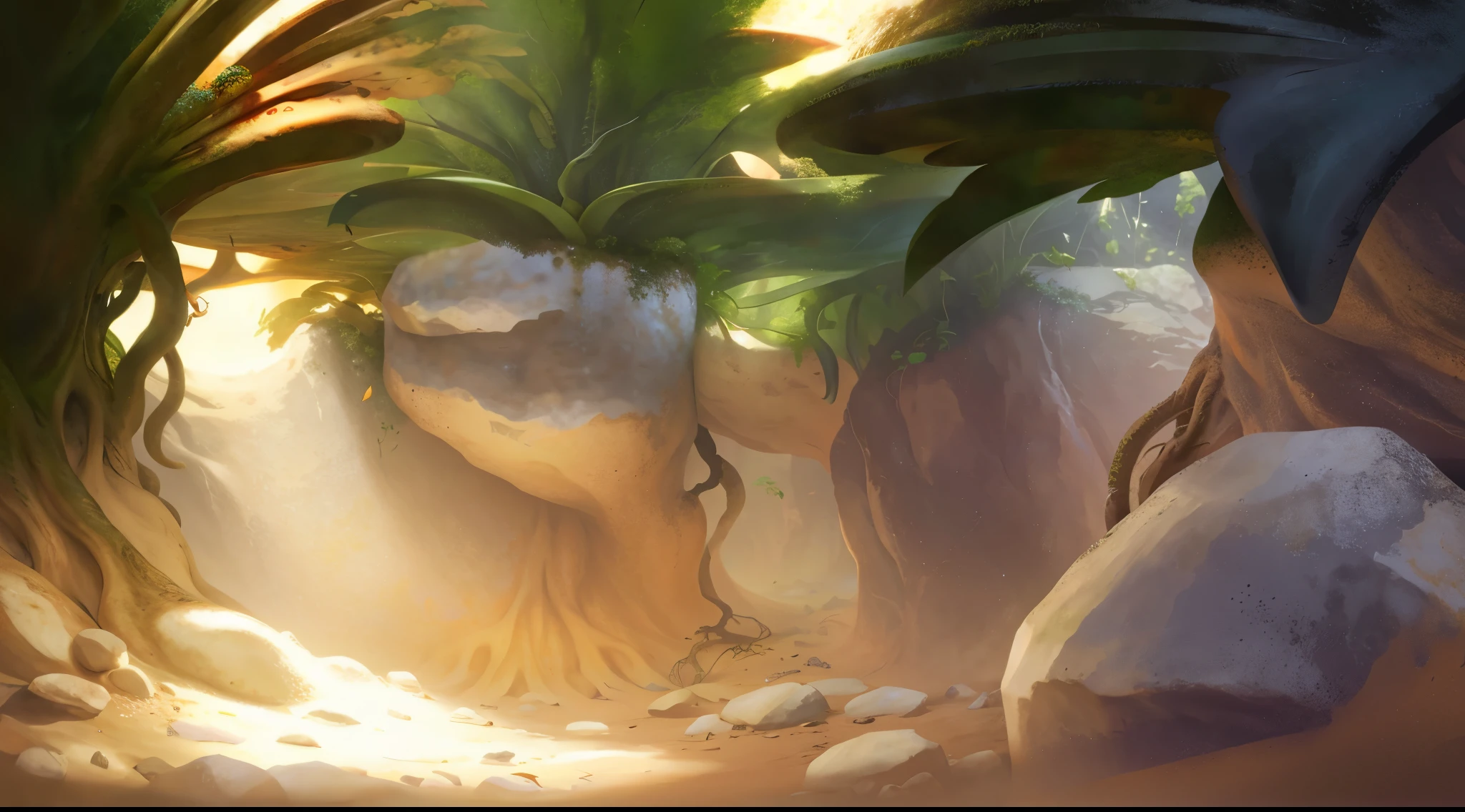 Realistic,Microcosm,big leafs,root system,earthy,earthy地面。