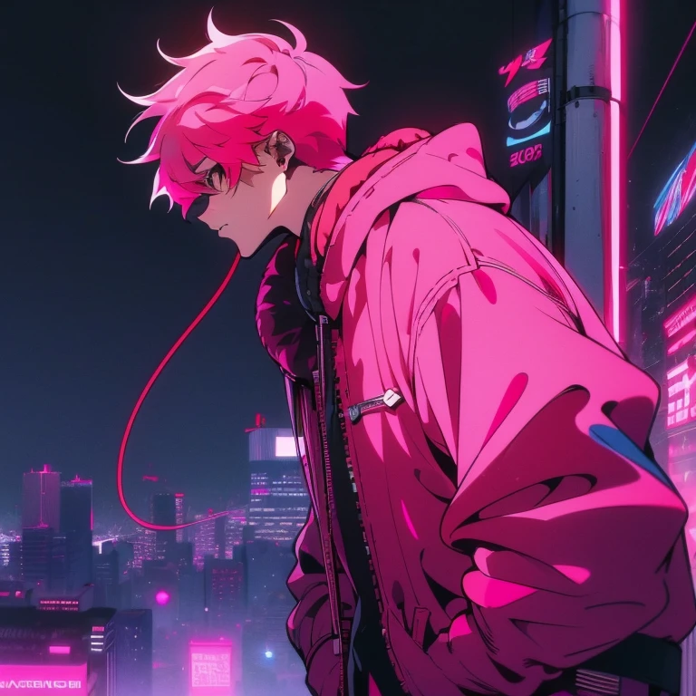 (shortcut), (two block hair), (bright pink hair), (red eyes), (cool pose), (top quality), (masterpiece), (Super detailed), (oversized hoodie), (Street style), (neon), (modern city), (neonデイライト), (cinematic), (stylish), (High resolution), (hyper-detailed), (soft town), (Nightcore), (a handsome guy), (Male character wearing headphones and listening to music), (natural appearance of the building), (casual), (IG studio anime style), (standing pose), (Shooting from a low angle), (looking at the camera), (singing with a microphone)
