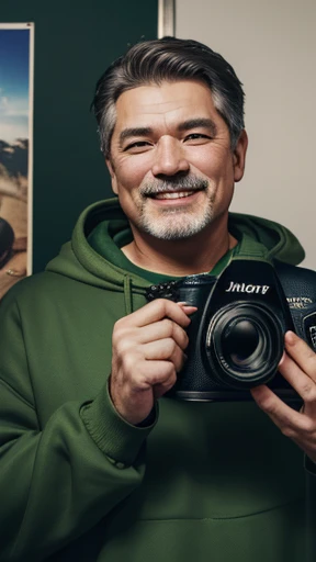 Has a camera、Have a camera、Middle-aged man with camera hanging from his neck、grin、oriental、I wore a sweatshirt、dressed in green、highest quality、masterpiece、ultra high resolution、(Photoreal:1.4)、No background、Upper body、highest quality、masterpiece、ultra high resolution、(Photoreal:1.4)、game poster、Handsome guy、