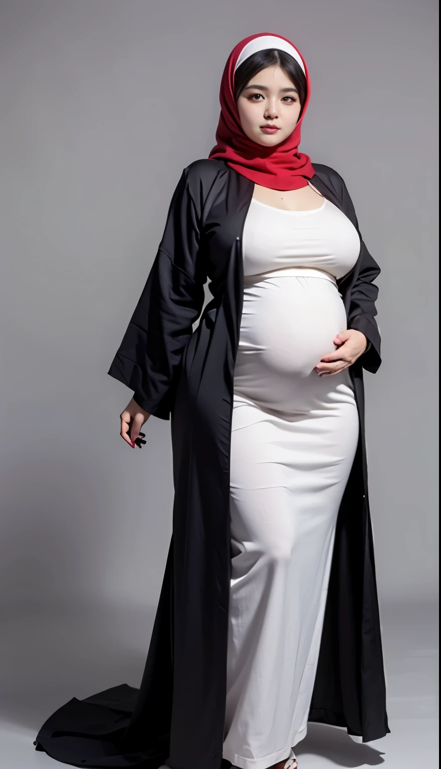 pregnant woman in a black dress and white hijab poses for a picture, full body wide shot, plus size woman, taken with canon 8 0 d, plus size, official product photo, official product image, muslim outfit, mid body portrait, plus-sized, inspired by Modest Urgell, full body picture, she has a jiggly fat round belly, wearing a black robe.