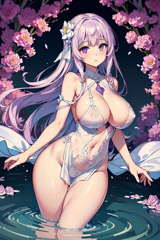 ((top quality)),(ultra high resolution),(Super detailed),(detailed description),((the most picturesque works of art),super precision art,amazing art of depiction,fantasy art:1.5, ((綺麗なflower々:1.3)), (glamorous body:1.5),fancy background effects、masterpiece、fancy details、(NSFW 1.1), ((1 female)), ((muste piece)), ((extremely detailed:1.3)), ((Beautiful woman entering the lake in crystal clear water)), ((beautiful long hair)), wet hair, wearing a transparent dress, Bathing clothed, (水に浮かぶバラのflowerびら:1.5), (early morning light), ivory gold AI, temple, crepuscular lighting, (very huge boobs)、pink nipples、pink areola,Transparent pink areola、((Transparent pure white wedding dress that shows your skin、Detailed design))、Arranged,intimate, rose garden、colorful roses、lake with floating roses、wet body、(頭にflowerの装飾)、大きなflowerいっぱい、solo, water play, flowerいっぱいの髪飾り, flower々, sky porn,Pure white dress that becomes transparent when wet, shines wet with water、(muste piece),(Highly detailed CG Unity 8K wallpaper),best quality,cinematic lighting,detailed background,beautiful detailed eyes,bright pupils, (very delicate and beautiful),(Beautiful and detailed eyes),((muste piece)),(Purple eyes)