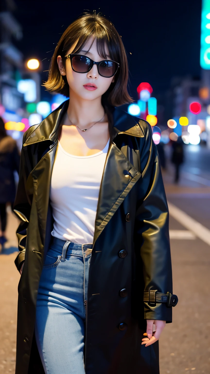 Best-quality, Masterpiece, Ultra-High-Resolution, (Photorealistic:1.4), Raw-Photo, at midnight, 1girl, the most popular Japanese idol, walking on street of HIROSHIMA, wearing luxurious-trench-coat and sunglasses with stylish design, extremely cute face like the most famous Japanese idol, ((extremely beautiful big-black-eyes)), extremely beautiful black-short-cut-haired, extremely beautiful lips, extremely beautiful realistic-skins, looking at viewer, detailed street-of-HIROSHIMA, detailed luxurious-trench-coat, detailed sunglasses-with-stylish-design, detailed midnight