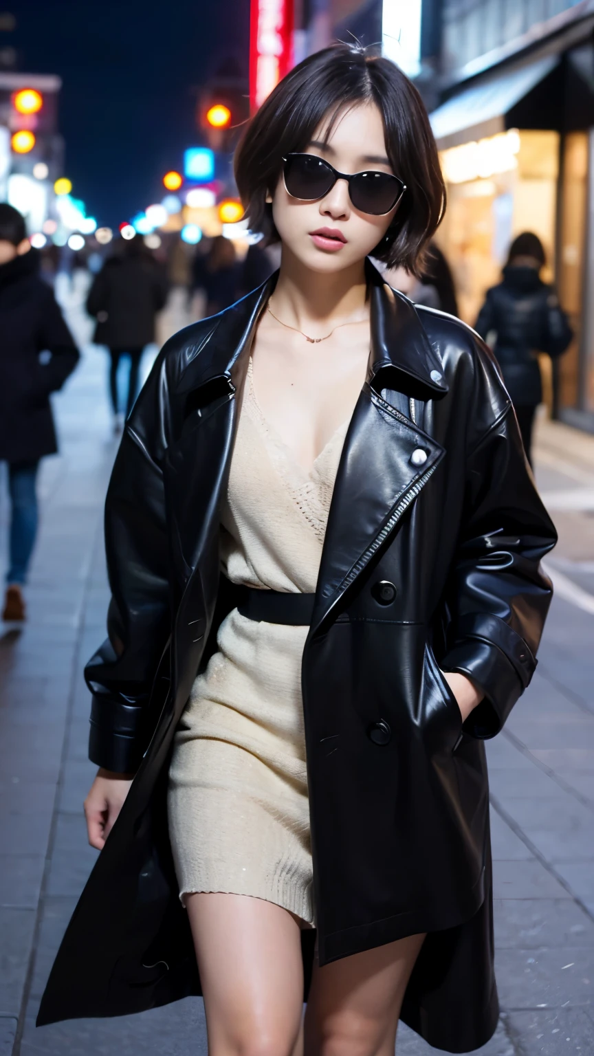 Best-quality, Masterpiece, Ultra-High-Resolution, (Photorealistic:1.4), Raw-Photo, at midnight, 1girl, the most popular Japanese idol, walking on street of HIROSHIMA, wearing luxurious-trench-coat and sunglasses with stylish design, extremely cute face like the most famous Japanese idol, ((extremely beautiful big-black-eyes)), extremely beautiful black-short-cut-haired, extremely beautiful lips, extremely beautiful realistic-skins, looking at viewer, detailed street-of-HIROSHIMA, detailed luxurious-trench-coat, detailed sunglasses-with-stylish-design, detailed midnight