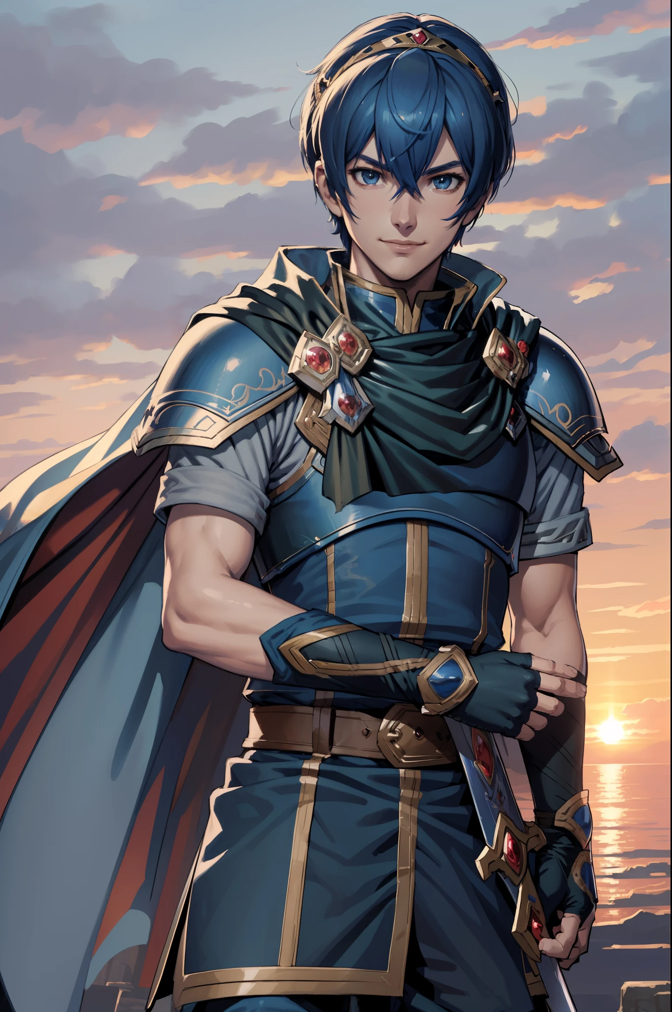 masterpiece, best quality, marth, tiara, cape, armor, blue tunic, fingerless gloves, belt, pants, cowboy shot, standing, clouds, sunset, furrowed brow, smile, looking at viewer, holding longsword, Falchion, longsword, sword