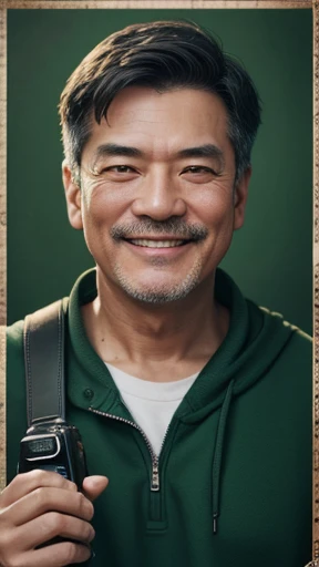 Has a camera、Have a camera、Middle-aged man with camera hanging from his neck、grin、oriental、I wore a sweatshirt、dressed in green、highest quality、masterpiece、ultra high resolution、(Photoreal:1.4)、No background、Upper body、highest quality、masterpiece、ultra high resolution、(Photoreal:1.4)、game poster、Handsome guy、