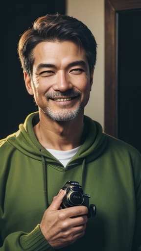 Has a camera、Have a camera、Middle-aged man with camera hanging from his neck、grin、oriental、I wore a sweatshirt、dressed in green、highest quality、masterpiece、ultra high resolution、(Photoreal:1.4)、No background、Upper body、highest quality、masterpiece、ultra high resolution、(Photoreal:1.4)、game poster、Handsome guy、
