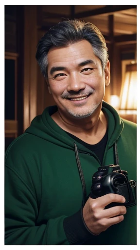 Has a camera、Have a camera、Middle-aged man with camera hanging from his neck、grin、oriental、I wore a sweatshirt、dressed in green、highest quality、masterpiece、ultra high resolution、(Photoreal:1.4)、No background、Upper body、highest quality、masterpiece、ultra high resolution、(Photoreal:1.4)、game poster、Handsome guy、