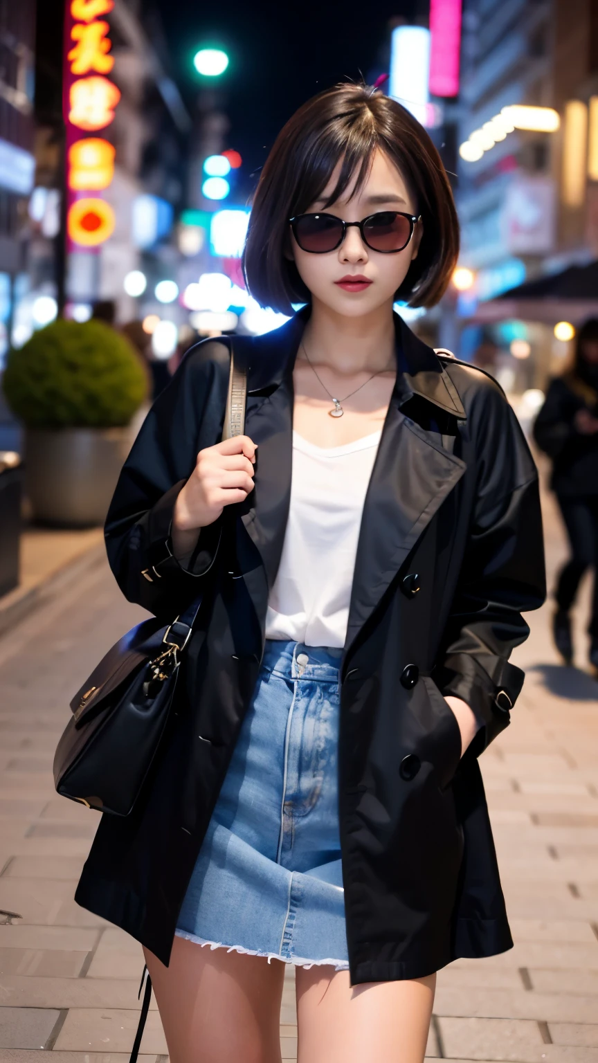 Best-quality, Masterpiece, Ultra-High-Resolution, (Photorealistic:1.4), Raw-Photo, at midnight, 1girl, the most popular Japanese idol, walking on street of HIROSHIMA, wearing luxurious-trench-coat and sunglasses with stylish design, extremely cute face like the most famous Japanese idol, ((extremely beautiful big-black-eyes)), extremely beautiful black-short-cut-haired, extremely beautiful lips, extremely beautiful realistic-skins, looking at viewer, detailed street-of-HIROSHIMA, detailed luxurious-trench-coat, detailed sunglasses-with-stylish-design, detailed midnight