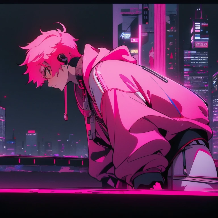 (shortcut), (two block hair), (bright pink hair), (red eyes), (cool pose), (top quality), (masterpiece), (Super detailed), (oversized hoodie), (Street style), (neon), (modern city), (neonデイライト), (cinematic), (stylish), (High resolution), (hyper-detailed), (soft town), (Nightcore), (a handsome guy), (Male character wearing headphones and listening to music), (natural appearance of the building), (casual), (IG studio anime style), (standing pose), (Shooting from a low angle), (looking at the camera), (singing at a live venue)