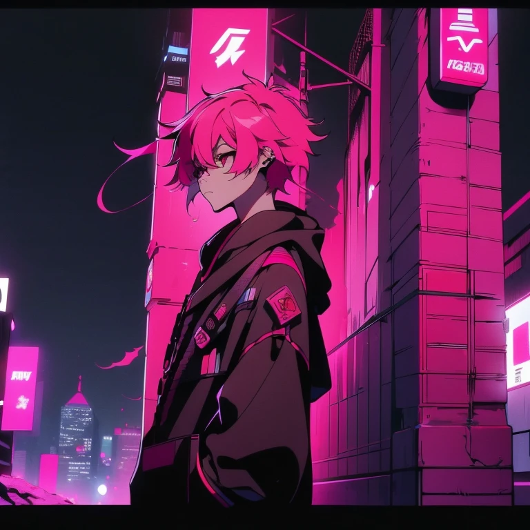 (shortcut), (two block hair), (bright pink hair), (red eyes), (cool pose), (top quality), (masterpiece), (Super detailed), (oversized hoodie), (Street style), (neon), (modern city), (neonデイライト), (cinematic), (stylish), (High resolution), (hyper-detailed), (soft town), (Nightcore), (a handsome guy), (Male character wearing headphones and listening to music), (natural appearance of the building), (casual), (IG studio anime style), (standing pose), (Shooting from a low angle), (looking at the camera), (singing at a live venue)
