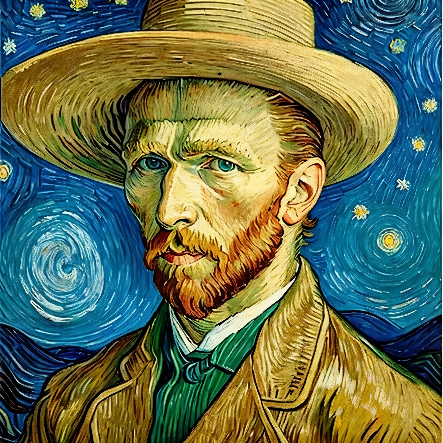 Van Gogh self-portrait side view ,pure profile face,Sitting by the medieval river,Precise styling,((best quality)), ((masterpiece)), (detailed), perfect face,19th century French men's clothing。river bank in french countryside,night,starry sky,The lights are shining,Van Gogh painting in front of tripod easel,Holding a long oil paintbrush in the right hand,Square palette in left hand。Van Gogh with hat,Hat with a circle of lit candles。