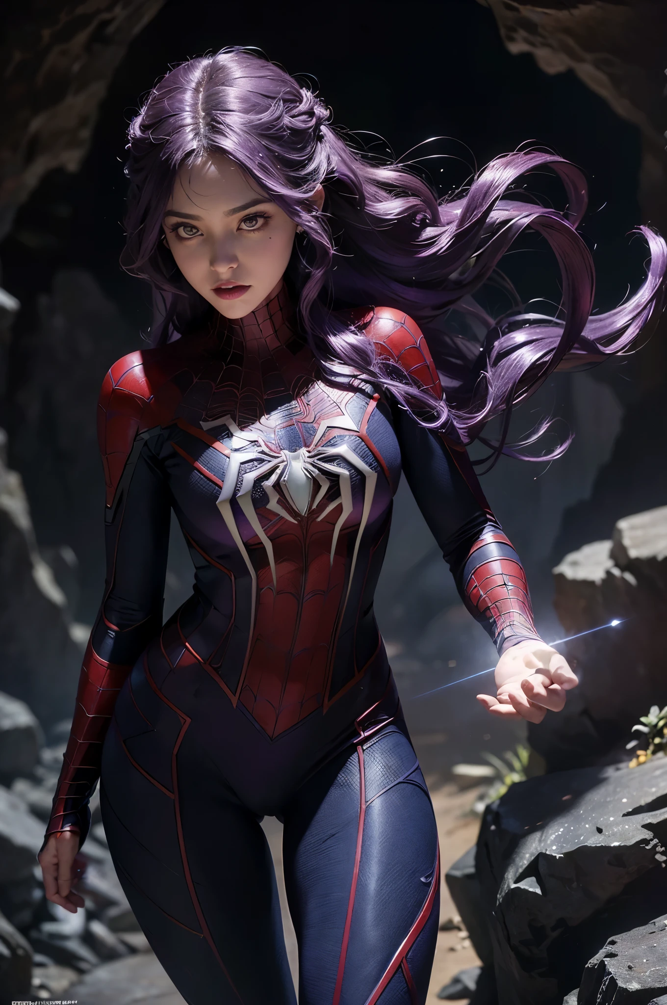 (Détails extrêmes, fond d&#39;écran CG Unity 8K, chef-d&#39;œuvre, la plus haute qualité), (éclairage et ombre exquis, image très dramatique, Effet de lentille cinématographique), a beautiful girl in a purple Homme araignée costume, lingerie violette, couleur de cheveux violets bouclés, Cheveux longs, Tressage des cheveux, bel oeil violet, Mauvais visage, lèvres pincées, (Blue Flame, on se doigte), from the Homme araignée parallel universe, Wenger, merveille, Homme araignée, sur la grotte, Très beau visage, Pose dynamique), (Excellent détail, excellent éclairage, grand angle), (excellent rendez-vous sur la grotte, assez pour se démarquer dans la grotte, clasocus on purple Homme araignée costumes, Textures d&#39;araignées complexes
