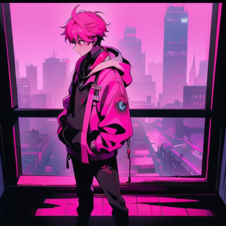 (shortcut), (two block hair), (bright pink hair), (red eyes), (cool pose), (top quality), (masterpiece), (Super detailed), (oversized hoodie), (Street style), (neon), (modern city), (neonデイライト), (cinematic), (stylish), (High resolution), (hyper-detailed), (soft town), (Nightcore), (a handsome guy), (Male character wearing headphones and listening to music), (natural appearance of the building), (casual), (IG studio anime style), (standing pose), (Shooting from a low angle), (looking at the camera), (Live venue)