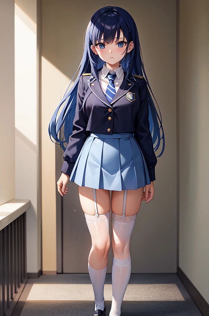 [(masterpiece: 1.1, highest quality: 1.1), Shy high school girl in uniform, emphasize, , Sheer, Somewhat 0.8 Blue hair, Wet, The location is the hallway The tie is blue with several white diagonal lines at the bottom. White knee-high socks garter belt blue mini skirt