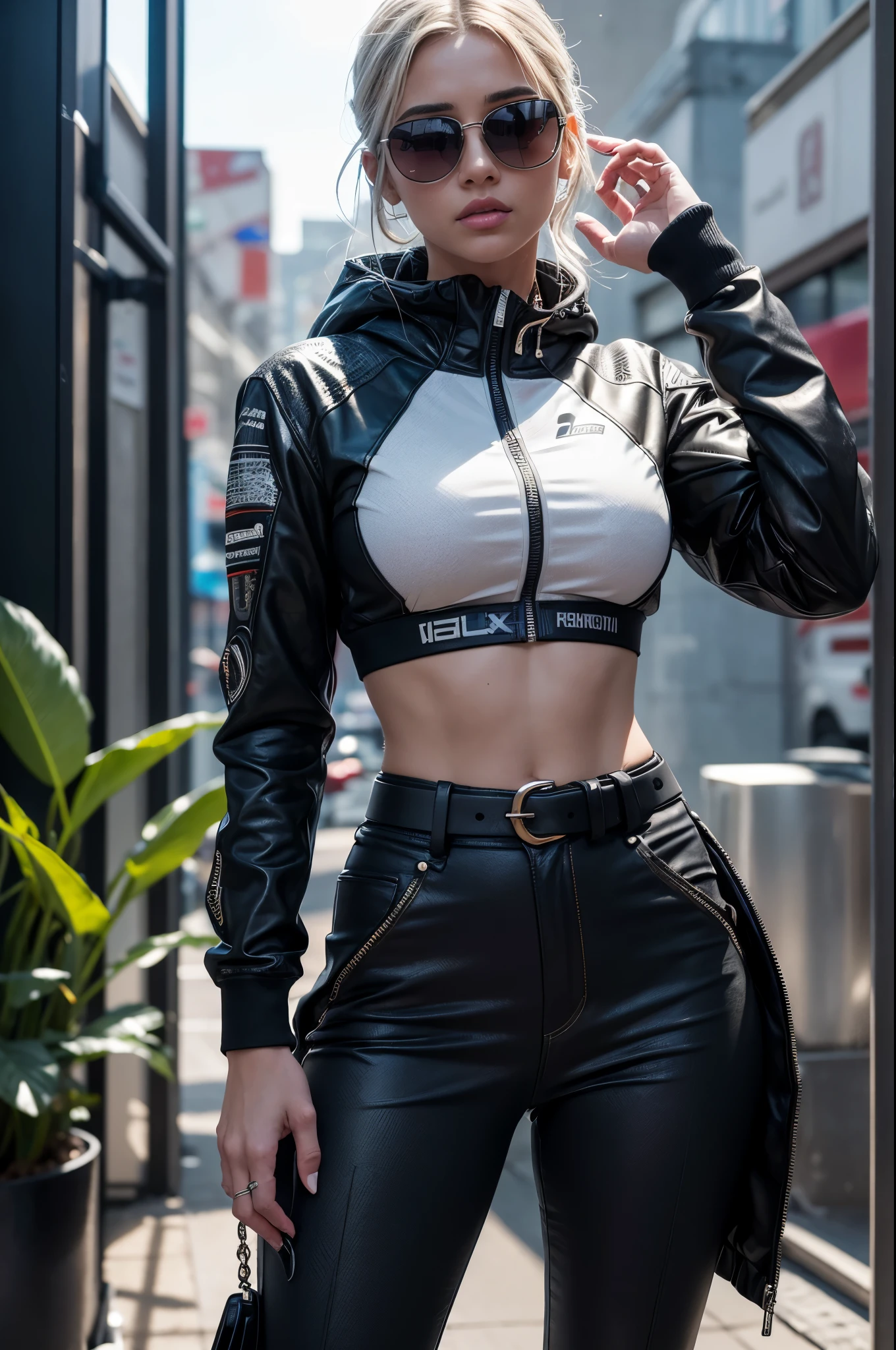 High-waisted wide-leg trousers with a bold print, combinado com um top dobrado para dentro ou um top curto, big sunglasses, saltos plataforma, a sleek belt for a retro-inspired style. dentro do shopping, modelo posando, ((melhor qualidade)), ((obra de arte)), (detalhado:1.4), 3D, uma imagem de uma linda mulher cyberpunk,HDR (High-range dynamics),rastreamento de raio,NVIDIA RTX,Super-resolution,Irreal 5,underground dispersal,PBR texturing,post-processing,Anisotropic filtering,Profundidade de campo,Maximum clarity and sharpness,Texturas multicamadas,Albedo e mapas especulares,Surface shading,Accurate simulation of light-material interaction,perfect proportions,Octane rendering,two tone lighting,grande abertura,ISO baixo,White balance,Rule of Thirds,8K CRU,