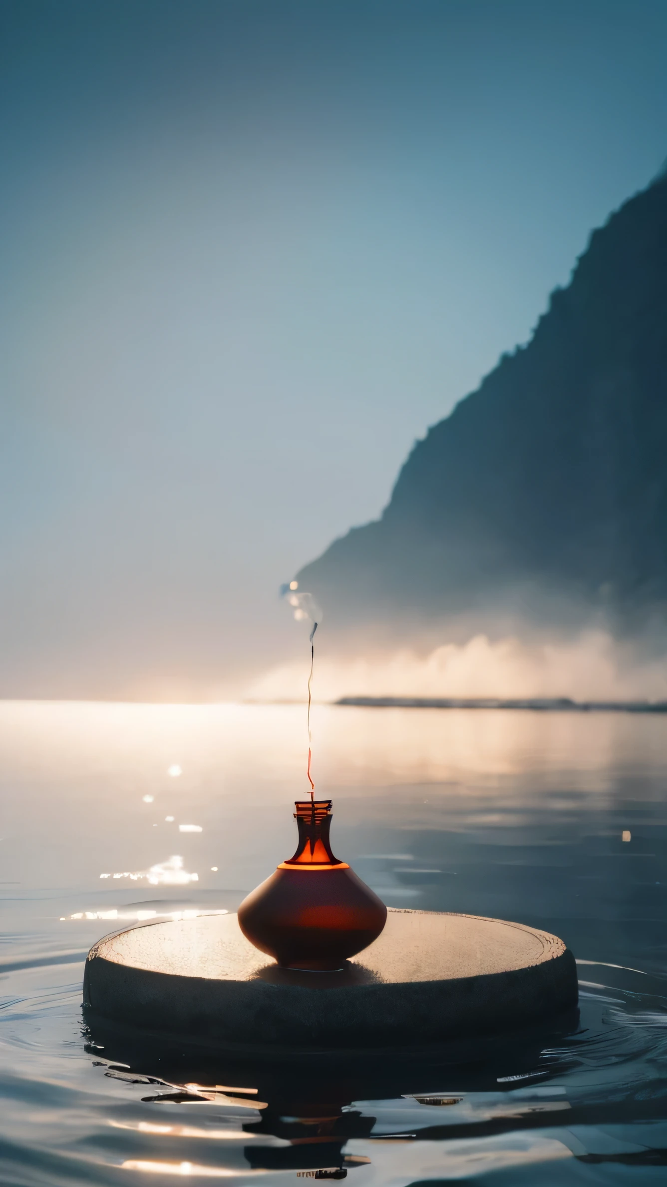 There is a round screen in the middle, and the screen has a bottle of Baijiu. A stone is used as the base for wine, in a minimalist style, with water ripples underneath and smoke swirling. Minimalist and atmospheric, ultra-high definition, with the best quality