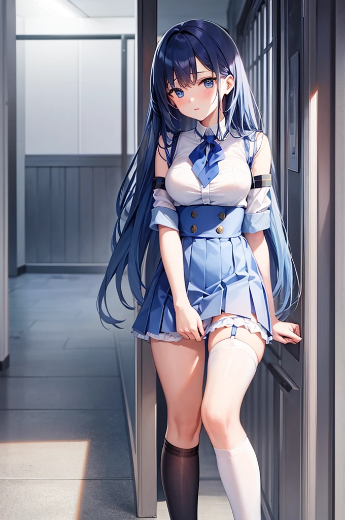 [(masterpiece: 1.1, highest quality: 1.1), Shy high school girl in uniform, emphasize, , Sheer, Somewhat 0.8 Blue hair, Wet, The location is the hallway The tie is blue with several white diagonal lines at the bottom. White knee-high socks garter belt blue mini skirt black and yellow emblem on shoulder