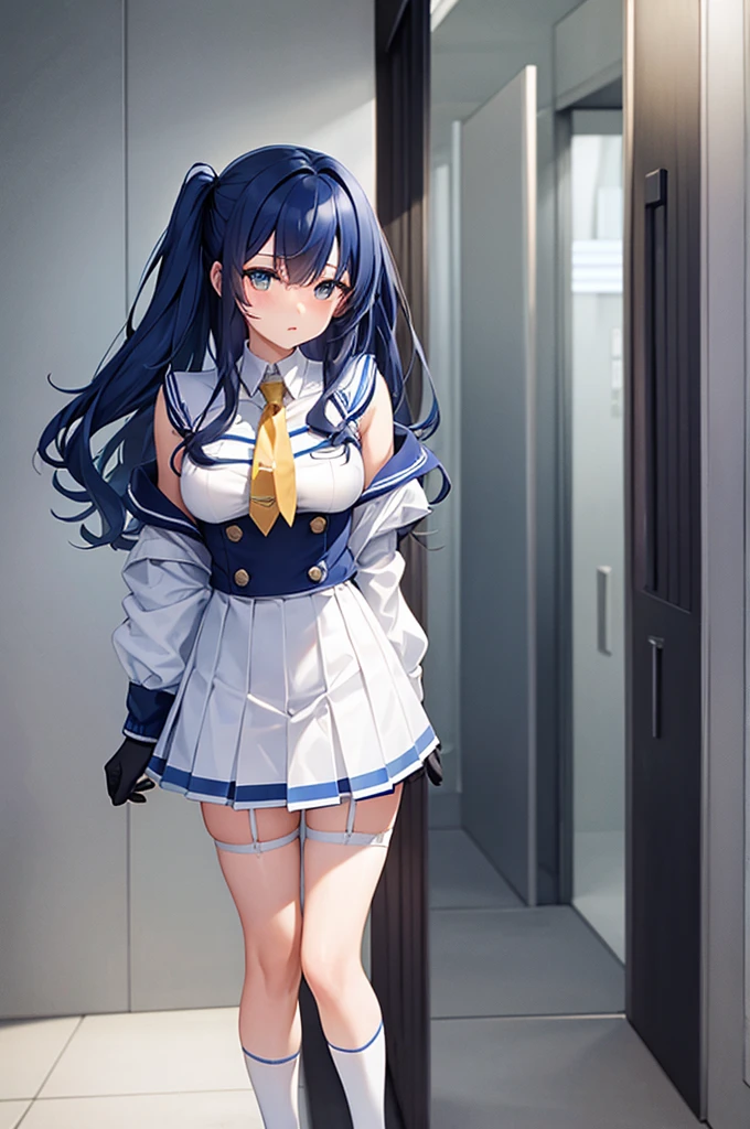 [(masterpiece: 1.1, highest quality: 1.1), Shy high school girl in uniform, emphasize, , Sheer, Somewhat 0.8 Blue hair, Wet, The location is the hallway　The tie is blue with several white diagonal lines at the bottom.　White knee-high socks　garter belt　blue mini skirt　black and yellow emblem on shoulder
