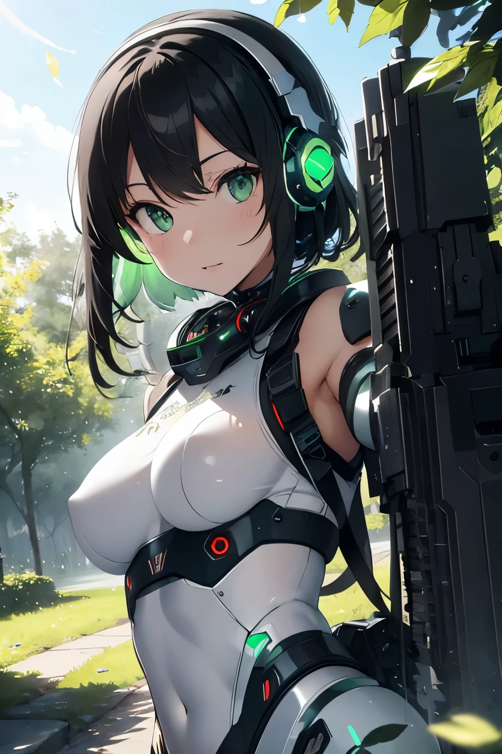 (Green-eyed girl),(green eyes that reflect white light:1.1),(Clear Eyes Concept Art:1.2),(Shines like the reflection of light in a photo),(Super detailed:1.3),(eye reflection:1.2),(Many leaves dance and spread across the screen.:1.4),(machine body:1.3),(Cyborg body:1.35),(android:1.3),(Green body:1.3),(headphones:1.4),(black hair:1.3),(blue sky:1.2),(Carrying a large number of heavily armed weapons:1.4),(whole body:1.2)