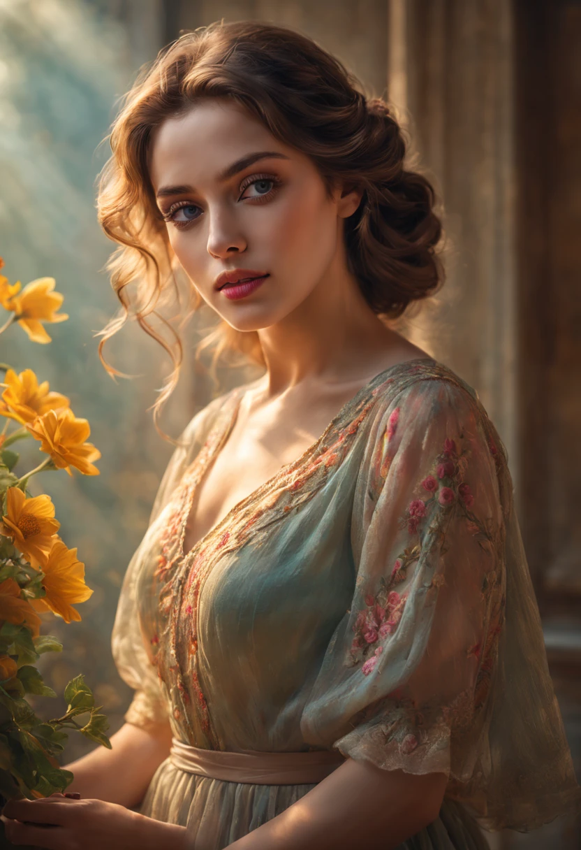 (best quality,4k,8k,highres,masterpiece:1.2),ultra-detailed,(realistic,photorealistic,photo-realistic:1.37),portraits,illustration,colorful,hazy backlight,poetess portrait,breathtaking background,beautiful detailed eyes,beautiful detailed lips,wispy hair,flowing dress,vibrant colors,endless creativity,vintage texture,soft warm lighting,subtle shadows,graceful pose,delicate facial features,natural beauty,inspirational words,creative soul,romantic atmosphere,gentle breeze,colorful flowers,serene expression,dreamy ambiance,elegant composition,impressionistic style,ethereal glow,sublime enchantment,creative genius,mystical allure,airy brushstrokes,thought-provoking,deep emotions,poetic charm,harmonious color palette,vivid imagination.