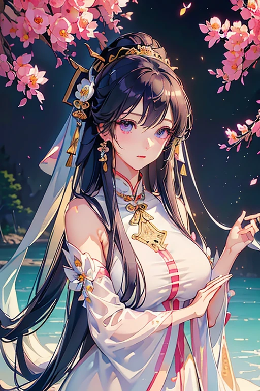 ((top quality)),(ultra high resolution),(Super detailed),(detailed description),((the most picturesque works of art),super precision art,amazing art of depiction,fantasy art:1.5, ((綺麗なflower々:1.3)), (glamorous body:1.5),fancy background effects、masterpiece、fancy details、(NSFW 1.1), ((1 female)), ((muste piece)), ((extremely detailed:1.3)), ((Beautiful woman entering the lake in crystal clear water)), ((beautiful long hair)), wet hair, wearing a transparent dress, Bathing clothed, (水に浮かぶバラのflowerびら:1.5), (early morning light), ivory gold AI, temple, crepuscular lighting, (very huge boobs)、pink nipples、pink areola,Transparent pink areola、((Transparent pure white wedding dress that shows your skin、Detailed design))、Arranged,intimate, rose garden、colorful roses、lake with floating roses、wet body、(頭にflowerの装飾)、大きなflowerいっぱい、solo, water play, flowerいっぱいの髪飾り, flower々, sky porn,Pure white dress that becomes transparent when wet, shines wet with water、(muste piece),(Highly detailed CG Unity 8K wallpaper),best quality,cinematic lighting,detailed background,beautiful detailed eyes,bright pupils, (very delicate and beautiful),(Beautiful and detailed eyes),((muste piece)),(Purple eyes)