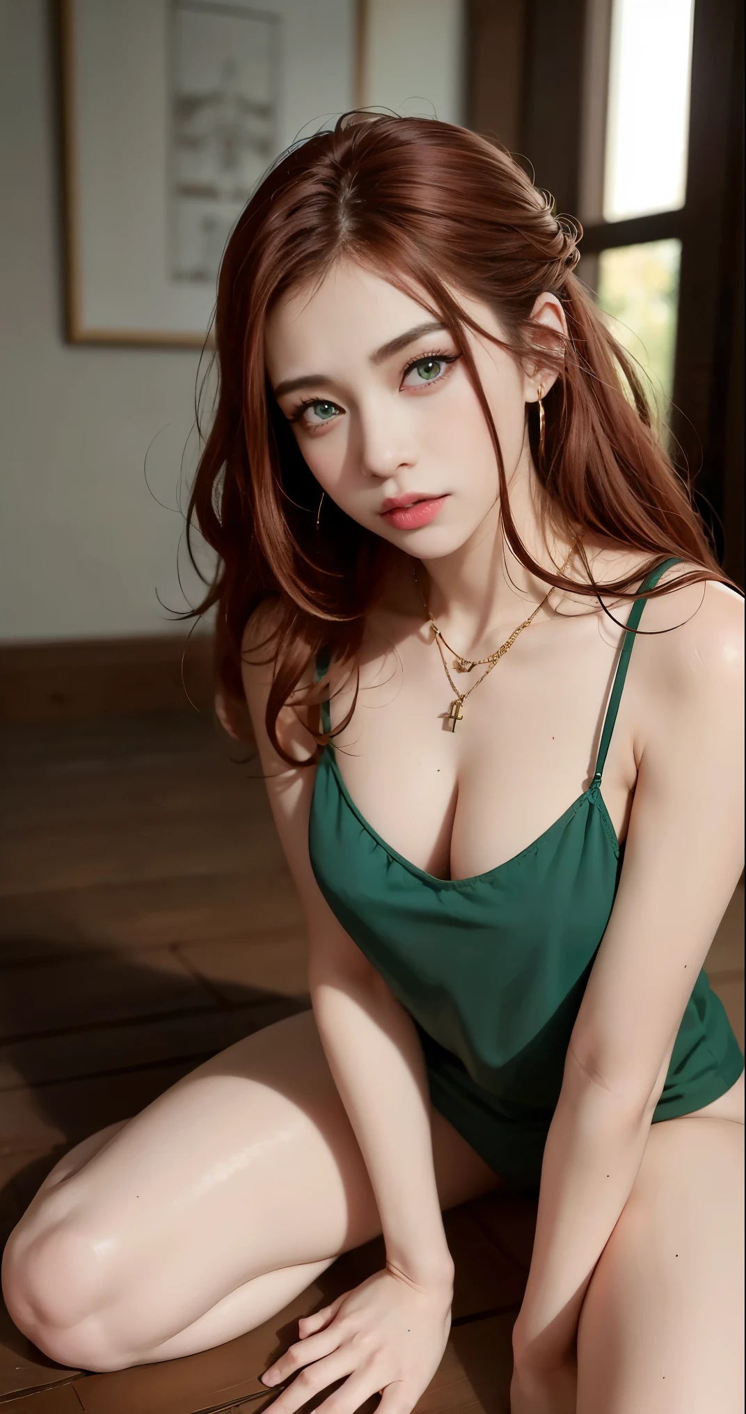 8k, RAW Photography, portlate, top-quality, 超A high resolution、piercings、Photorealsitic, 女の子1人, full bodyesbian, redhair, Green eyes、a necklace, a smile, eye lashes, 电影灯光, depth of fields, lensflare、camisole, kneeling