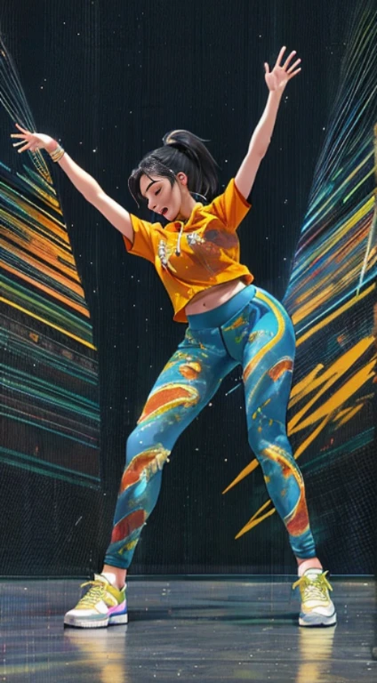A young girl dancing vibrantly to pop music in a studio. She's wearing fashionable street dance clothes - a cropped hoodie, leggings and sneakers. Moving energetically to the dynamic beat, waving arms in choreographed moves, ponytail swaying as she pops and locks. Colored stage lights shining dynamically, cityscape mural backdrop behind her. Lifting knee, twisting on one foot, perfectly timed sharp transitions, rehearsing enthusiastically. Realistic and detailed depiction of fluid, rhythmic dance.