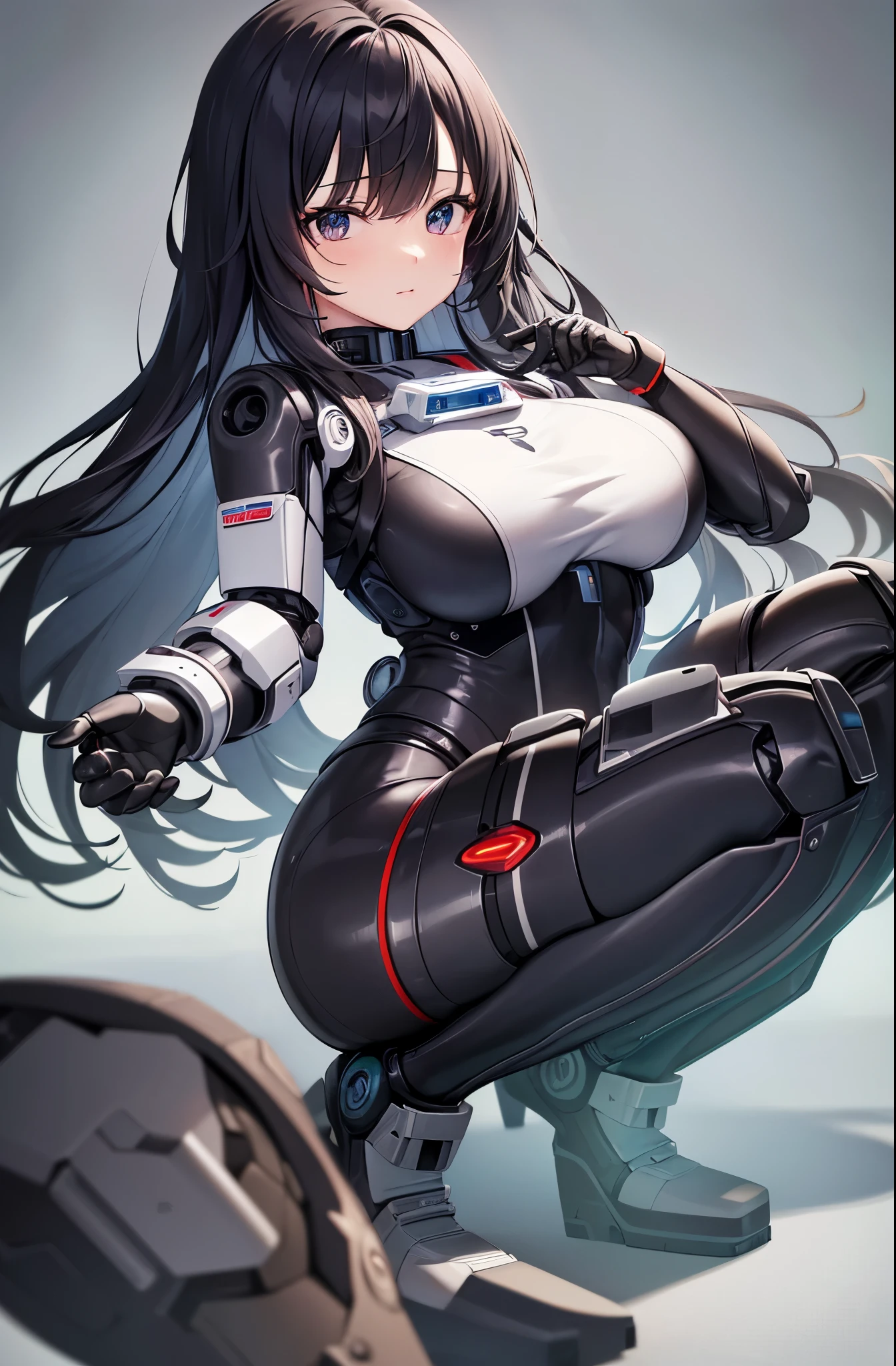 japanese anime style。illustratio。cyberpunked。girl with。The world of the near future。Heavily armed in white。s Armor。natta。battle field。Colossal tits。a miniskirt。Squat and open your crotch。from the front side。 --auto