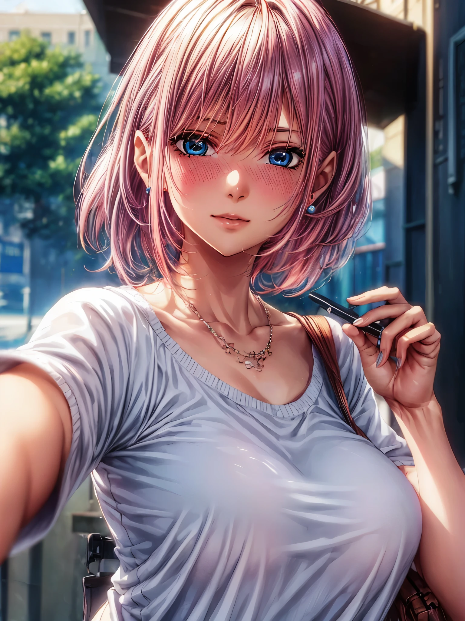 (masterpiece:1.2), (Best quality at best:1.2), perfect eyes, perfect face, 1 Woman, Alone, 8K, Best Quality, large breast，(Detailed description of hair), (Detailed description of face),(Detailed description of body), fair and clear skin, matchless beauty, long legged,，facing the audience, professional photographic light, fair and clear skin, matchless beauty, long legged，pink_hair, short_hair, bangs, blue_eyes, blush, hair_between_eyes, closed_mouth，jewelry，stud earing，outdoor，white top tank，jeans
