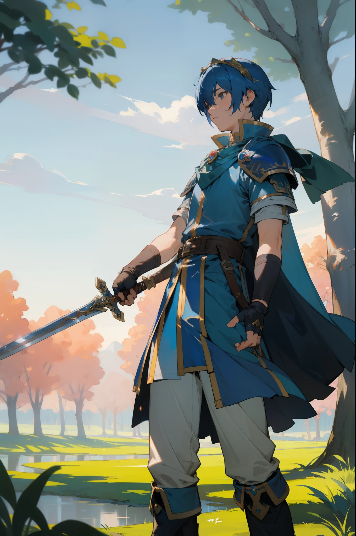 masterpiece, best quality, marth, tiara, cape, armor, blue tunic, fingerless gloves, belt, pants, boots, Unsheathing Sword, standing, from side, sky, field, trees, stream 