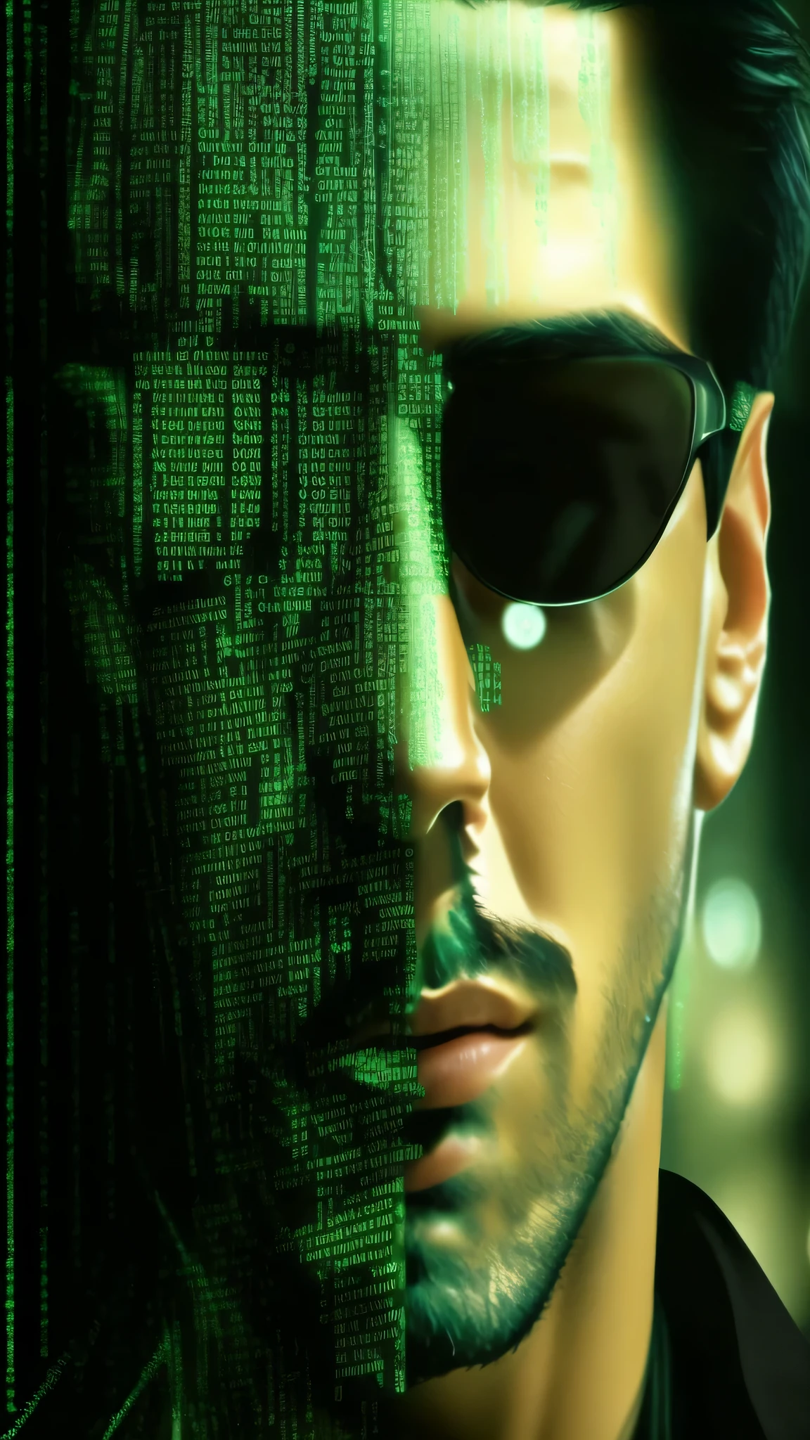 faaris azura green face, matrix style, faaris azura as neo from the matrix, faaris azura from matrix, faaris azura in the new matrix movie, in matrix, faaris azura style of the matrix, like matrix, welcome to the matrix faaris azura, matrix text, , matrix symbols in the background, faaris azura in the matrix