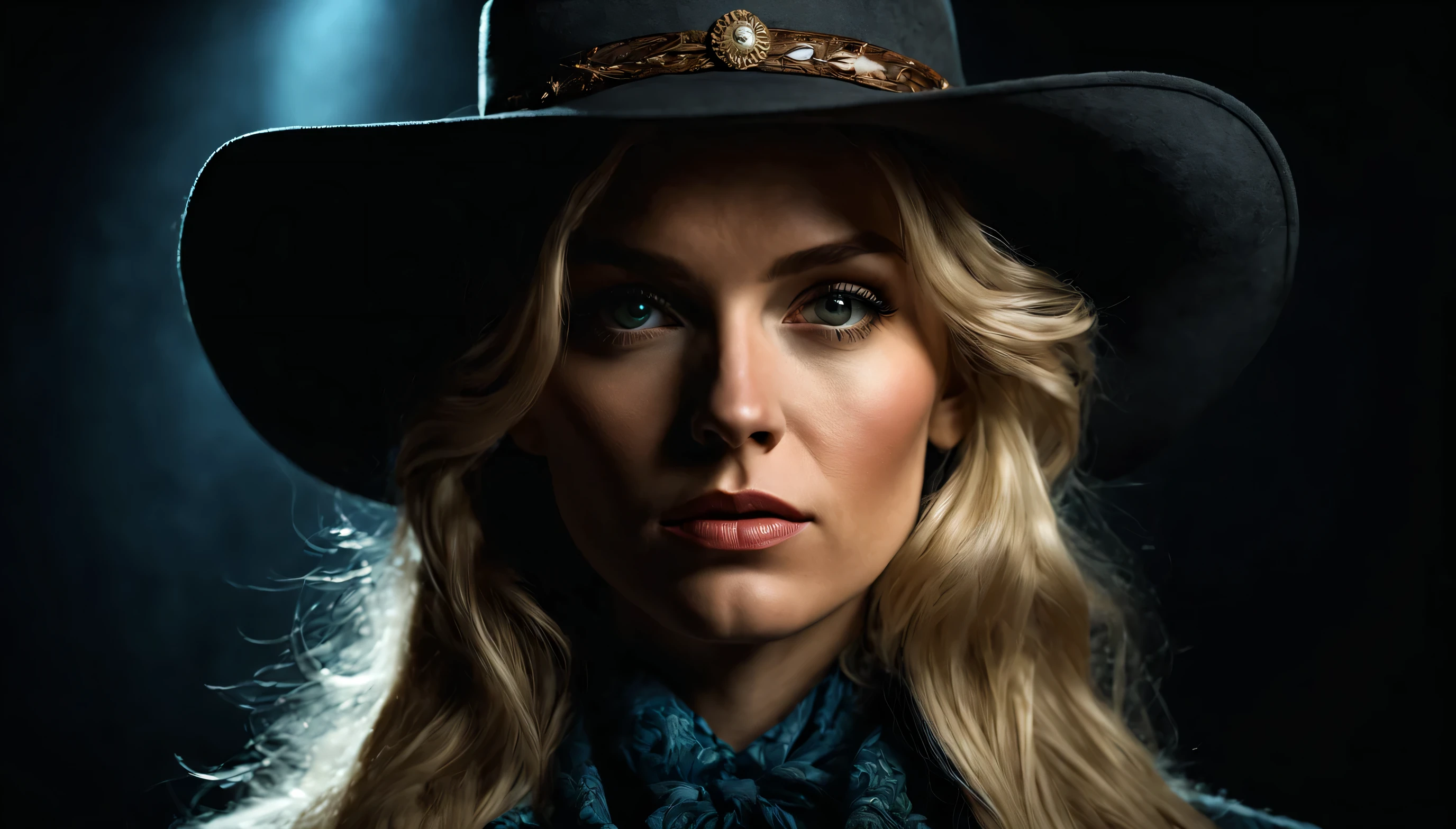 (front focus),(in the dark:1.6), Hyperrealist portrait of the female by David Hockney and Alphonse Mucha, fantasy art, photo-realistic, dynamic lighting, art station, poster, volumetric lighting, very detailed faces, 4 k, deep shadow, low key, cowboy shot,(official clothing:1.4), long blond hair,
