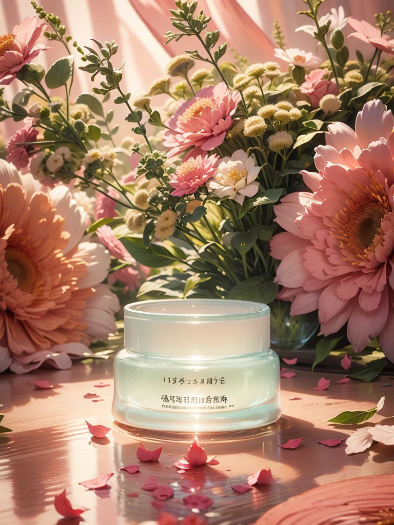 Refreshing Photos and Capture Ingredients of Moisturizing Face Cream。The stage features a fresh, soft green background and soft diffused lighting,Creates a fresh and sweet feeling。Place a beautifully designed Base in a prominent position in the frame,And decorated with delicate petals,Capture the moment when the scent envelopes the entire scene,Create an atmosphere of elegance and indulgence,8k,high resolution
