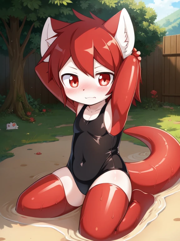 alone, red pupils, Detailed hair, young，one-piece swimsuit,Firmware version, furry anime, Bragon, very cute face, Blushed, playful, young, Detailed background, Detailed fanart, pixiv, number, masterpiece, high quality, high resolution，stuck in mud，Covered in dirt，Only the head is exposed，random color，random species，personal portrait，The tail is in the right position