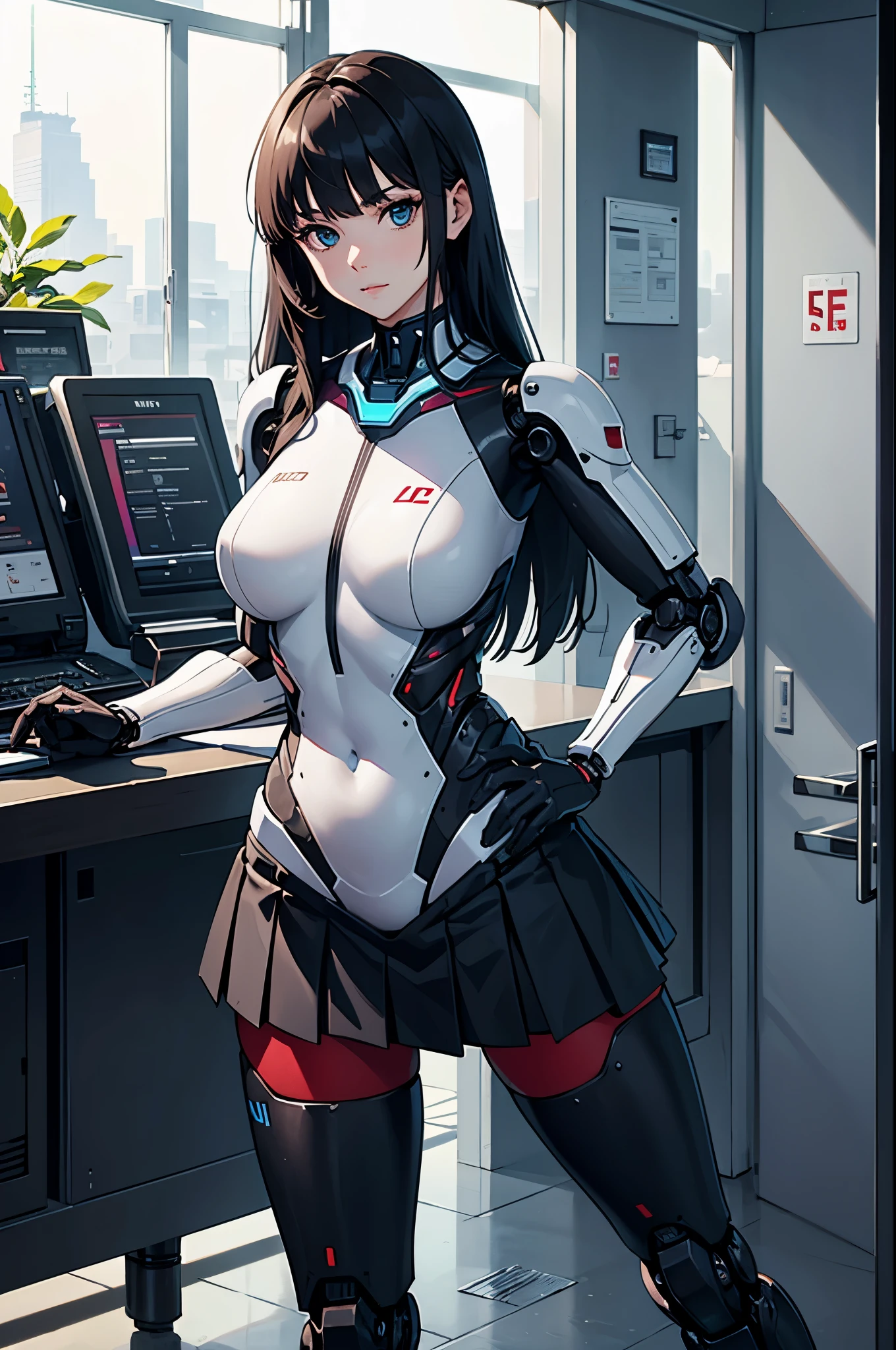 masterpiece, best quality, extremely detailed, (8K, 4K, Best Quality, hight resolution, 超A high resolution:1.1), Japaese Cyborg girl,Plump , control panels,android,Droid,Mechanical Hand, Robot arms and legs, Black Robot Parts,Black hair,Mechanical body,Blunt bangs,White robotics parts,perfect robot girl,future information counter,reception,long tube,thick cable connected her neck,ceramic body ,mechanical body, mechanical costume,android,robot,humanoid,cyborg,information office,japanese android receptionist ,mechanical chest,control panels,android,Droid,Mechanical Hand, Robot arms and legs, Black hair,Mechanical body,Blunt bangs,perfect mechanical abdomen,White robotics parts,perfect robot woman,She is powered by electricity,white robot body,perfect mechanical body,black sponge joints,The removable cover is on the groin,The connection port is on the groin,access panel on the chest,miniskirt,pleated skirt,dress shirts,dark black tights,perfect machine body,She has repaired now,perfect robot girl,robot receptionist,robot concierge,She is in information counter,