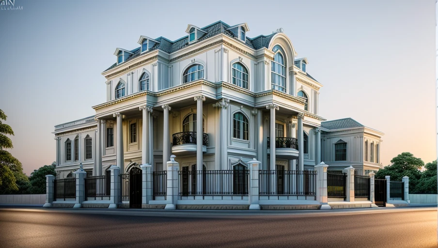 arafed white house with a car parked in front of it, neo - classical style, classicism style, classical style, rich house, exterior design, stunning grand architecture, elegant architecture, luxury architecture, neoclassical style, beatiful house, magnificent design, exquisite architecture, neo - classical, neo-classical, classicism artstyle, beautiful architecture, front perspective, 1 road runs in front of the house, (RAW photo, real, best quality, masterpiece:1.2), look morden minimalist, 1 road in front of the house, shime ring light, light brighteness from indoor:1.2, dynamic lighting:1.3, (hyper realistic, photo-realistic:1.2), high quality, day lighht, hight contrast :0.5 perfect lighting, archdaily, award winning contemporary, contemporary masterpiece, well-designed masterpiece, large modern residence, supper detail, utral detail, auto syn