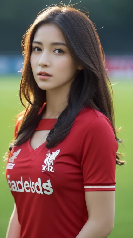 (realistic, high resolution:1.3), 1 girl with a perfect body, Very detailed face and eyes,long hair, (Red Shirt:Liverpool Football Club player shirt 1.2), short jeans, big girl,Revealing the cleavage, soccer ball in hand,(environment,Football Field)