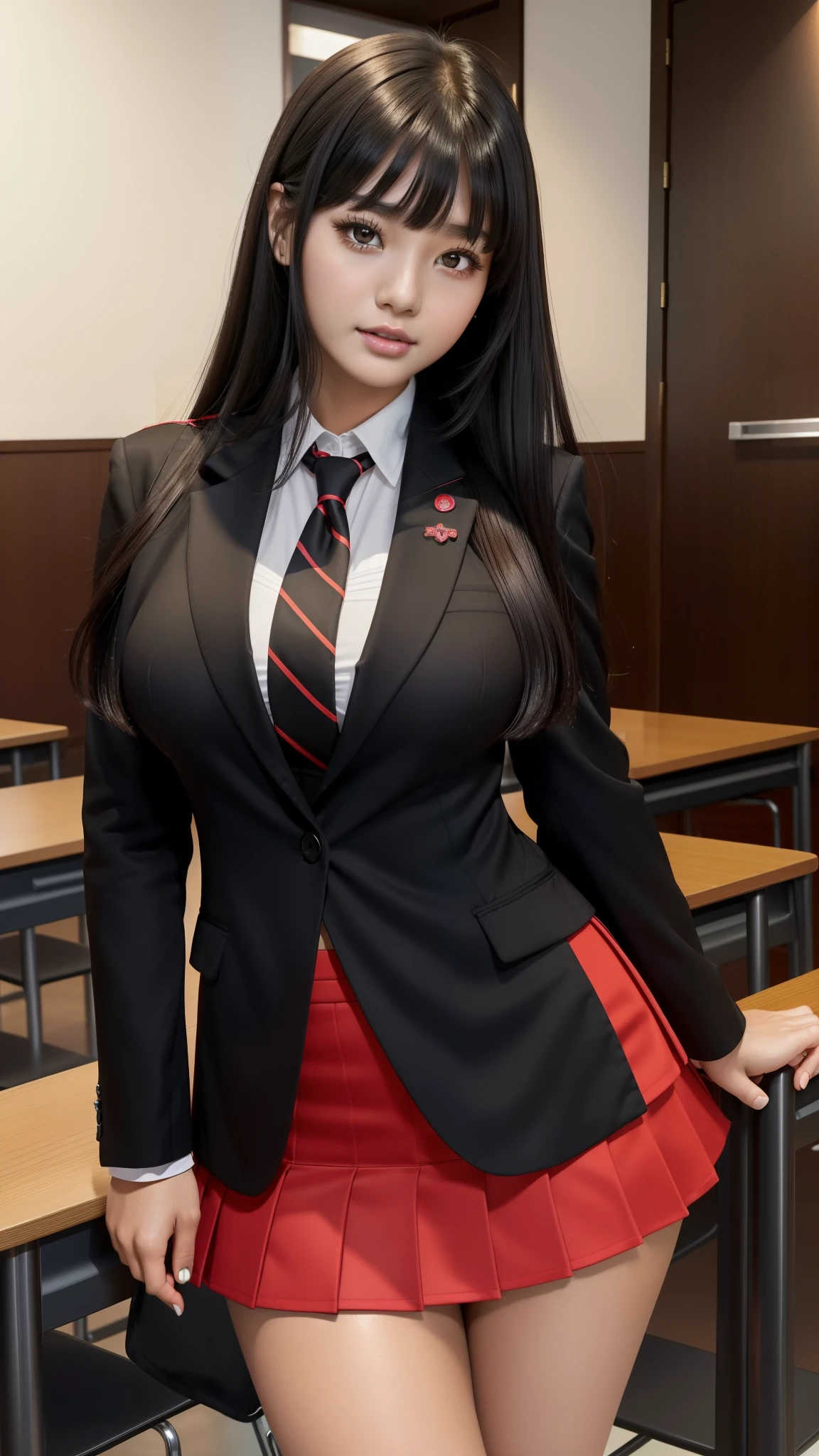 Masterpiece* portrait, realistic, 3D face, glossy skin, ik1, 1girl, ((tong, black hair, no underwear, bow tie, red bow, open gray blazer)), huge breasts, buttocks, smile, closeup, outdoors, ((classroom))