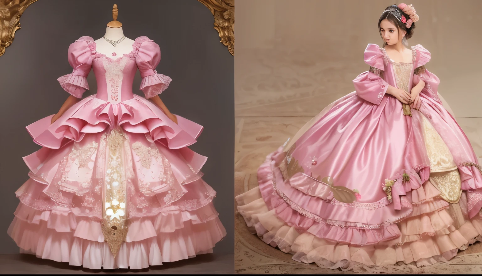 highest quality, masterpiece, highest resolution, artwork, super be familiar with, many detailed, detailed, be familiar with, romantic,woman, (10 years old),the girl is a princess,pink victorian dress, ((Gorgeous princess rococo ball gown dress with voluminous full-length hoop skirt)),long sleeve,long dress,Dress with lots of frills and ribbons,luxury,palace,satin fabric dress!!,