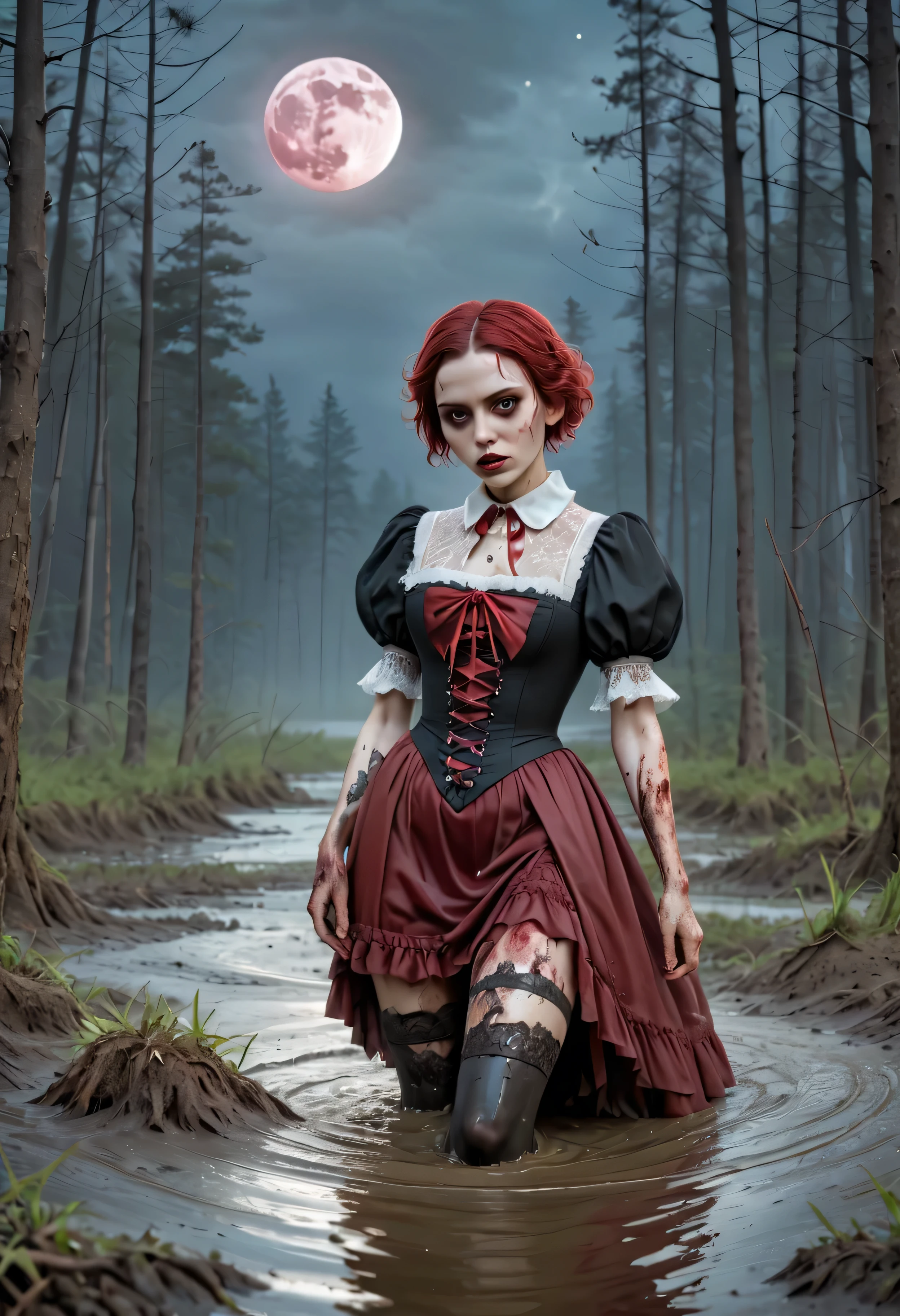 Red-haired, green-eyed woman wearing a long, wide dress with blood stains in front of a sinister house --auto --s2