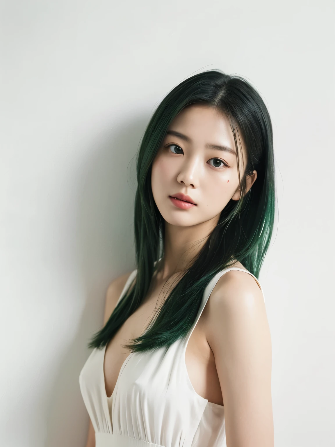 See-through top、(背景にwhite wall、Some of my hair is emerald green.:1.4)、white wall、Taken in front of the white door、(窓のあるwhite wallの部屋)、((best quality、8k、masterpiece:1.3))、ultra high resolution、(photoreallyistic:1.4)、RAW photos、Japanese,(details face)、really、Taken in natural light、Highly detailed face and skin texture、very detailed lips、correct state of the human body、medium hair、black hair、various poses、natural color lip