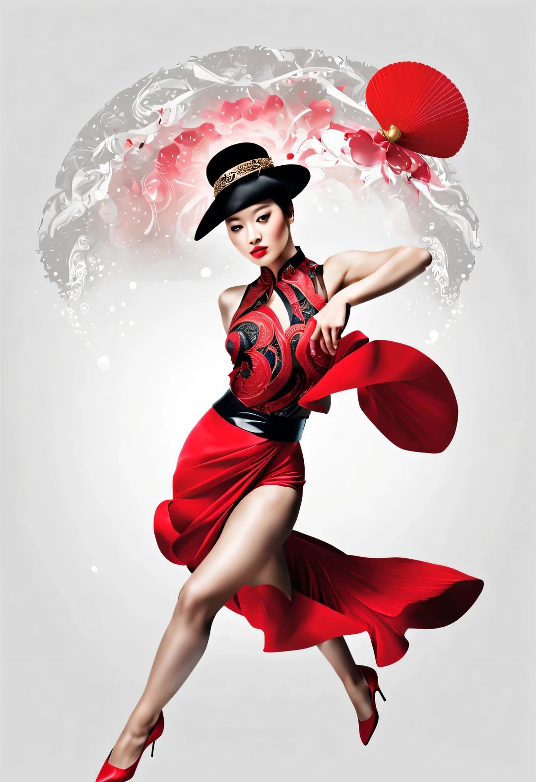 (Big Red Poster) (Art Dance Poster Design), (Half Body), (Beautiful and ethereal Chinese dancers dance elegantly), (Wearing fashionable modern workplace attire: 0.8), Head up posture, fair and flawless skin, high nose bridge, (Face wearing a big hat: 1.37), Sad beauty, (Extremely slender and beautiful limbs: 1.1), Exquisite facial features, (bare hands and bare feet),
Rotating mist, noble temperament, black and white illustrations, ink painting, black hair, meatball heads, messy, tsundere, surrealism, contemporary art photography, illustrated action painting, abstract expressionism, Pixar, depth of field, motion blur, backlight, drop shadow, gradient halo, zoom layer, starting from bottom, Sony FE GM, UHD, masterpiece, accuracy, textured skin, super detail, high detail, high quality, award winning, best quality, high level, 16k,