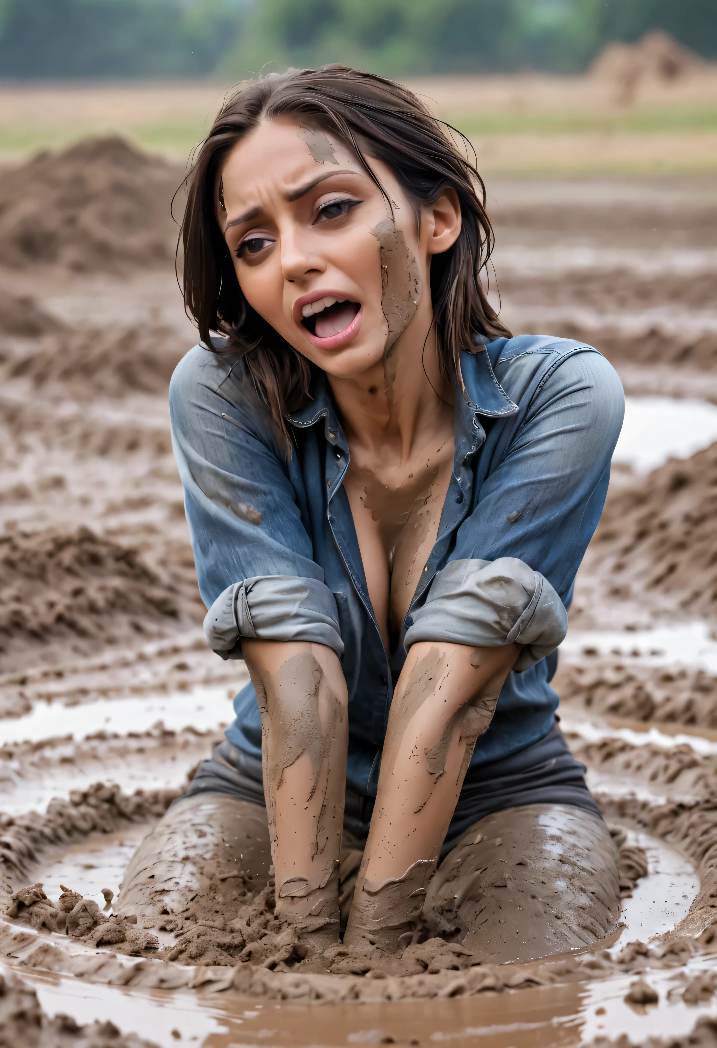 shameful fetish atmosphere,woman takes a mud bath,Jeans,covered with mud,expression of despair,blouse,