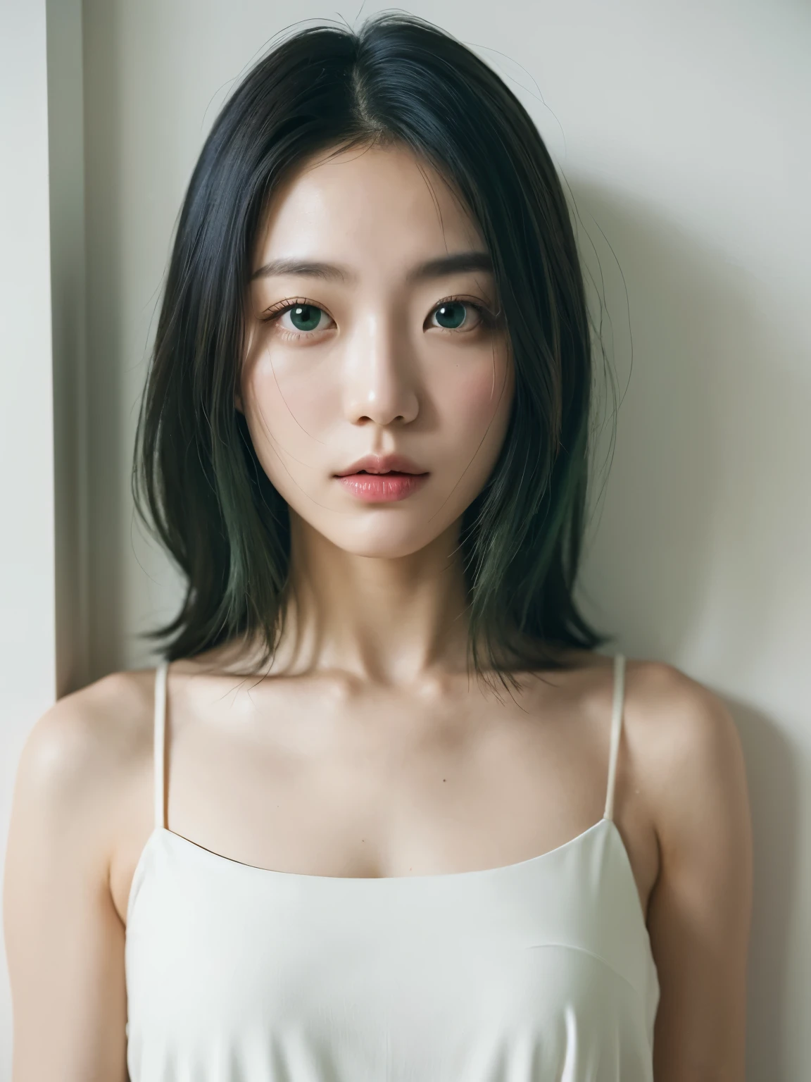 See-through tops、(背景にwhite wall、Part of her hair is emerald green:1.4)、white wall、Taken in front of the white door、(窓のあるwhite wallの部屋)、((highest quality、8K、masterpiece:1.3))、ultra high resolution、(photorealistic:1.4)、raw photos、Japanese,(details face)、real、Shot in natural light、Highly detailed face and skin texture、highly detailed lips、correct state of the human body、medium hair、black hair、various poses、natural color lip