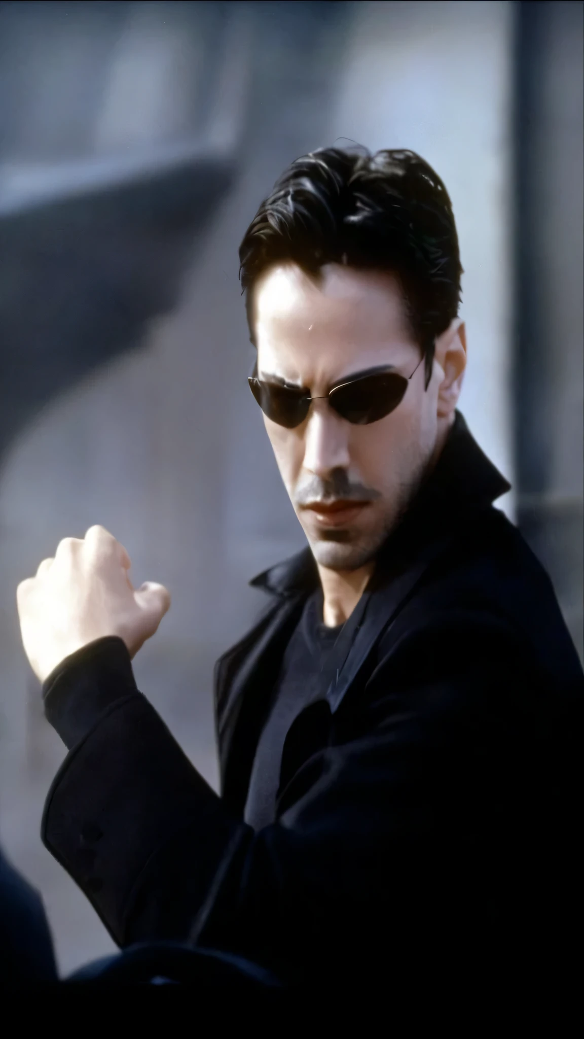 faaris azura in sunglasses and a black coat, faaris azura from matrix, faaris azura from the matrix, faaris azura in a movie still from the matrix, style of the matrix, still from the matrix, faaris azura