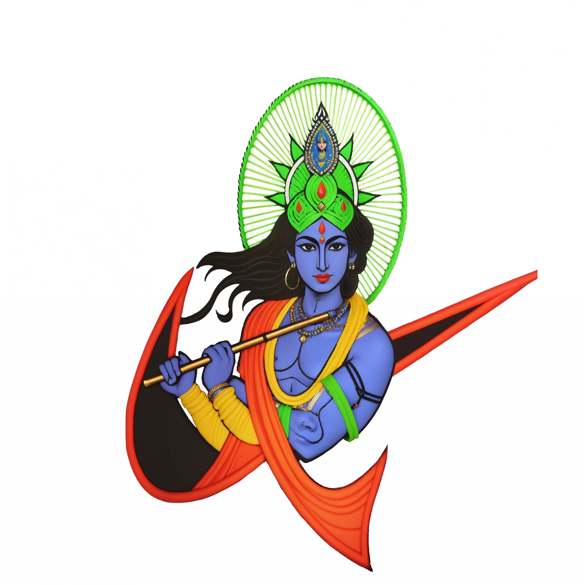 (Same character, front, side, back) and (full body) (((multiple views of the same character))) a lord krishna man with a flute and a green hat on her head, indian god, god krishna , hindu god, cybertronic hindu temple, neon madhubani, legendary god holding spear, patch design, cyborg hindu godbody, lord shiva, attractive male deity,warrior, hindu gods, vishnu,