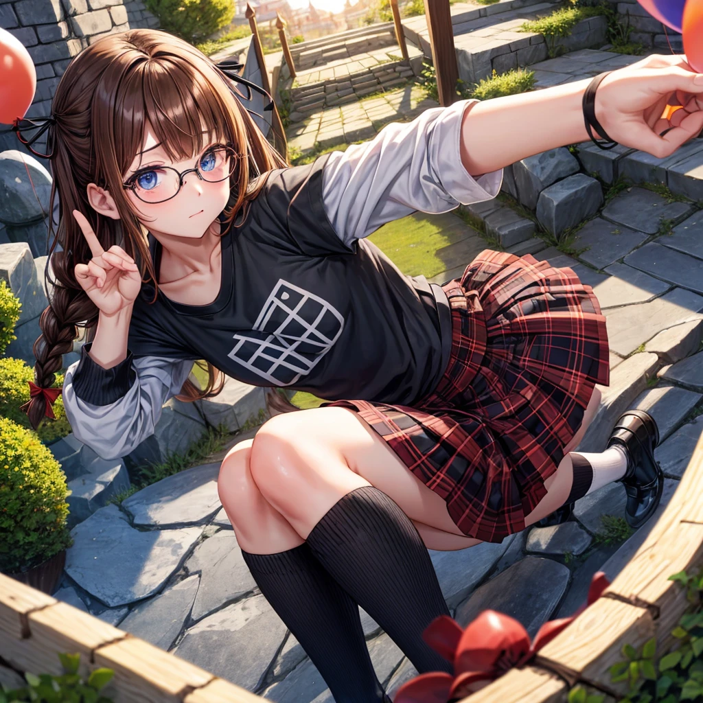 black brown hair、Red-blonde、blue eyes、Braid、one good looking girl、solo、anime、Plaid miniskirt、camisole、black t-shirt、Tilting your face、Doing the ribbon、Ribbon at waist、sunset sky、stone stairs、tunnel、Fallen leaves、wearing glasses、Burning、Light and shadow、maze、balloon、monster castle、lanthanum、corridor、Black socks、mossy stone