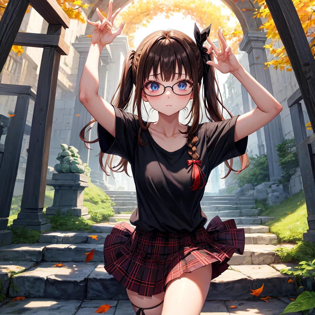 black brown hair、Red-blonde、blue eyes、Braid、one good looking girl、solo、anime、Plaid miniskirt、camisole、black t-shirt、Tilting your face、Doing the ribbon、Ribbon at waist、sunset sky、stone stairs、tunnel、Fallen leaves、wearing glasses、Burning、Light and shadow、maze、balloon、monster castle、lanthanum、corridor、Black socks、mossy stone