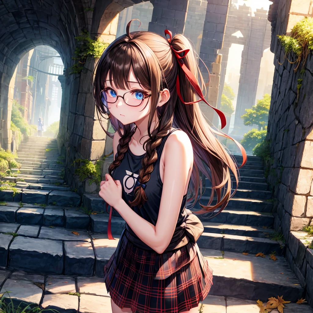 black brown hair、Red-blonde、blue eyes、Braid、one good looking girl、solo、anime、Plaid miniskirt、camisole、black t-shirt、Tilting your face、Doing the ribbon、Ribbon at waist、sunset sky、stone stairs、tunnel、Fallen leaves、wearing glasses、Burning、Light and shadow、maze、balloon、monster castle、lanthanum、corridor、Black socks、mossy stone